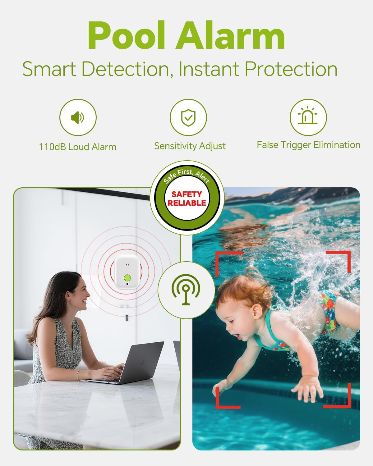 Pool Alarm, Floating Pool Safety Alarms for Inground & Above Ground Pools – Loud 110dB Alert, Adjustable Sensitivity, Protection for Kids & Pets (Green)