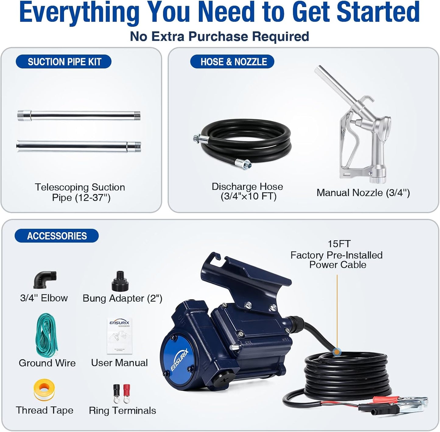 12V Fuel Transfer Pump 15 GPM, Diesel Transfer Pump 12 Volt with High Flow Manual Nozzle, Hose & Filter, Electric Gasoline Transfer Pump Kit for Fuel Tank, Gasoline, Diesel, Kerosene