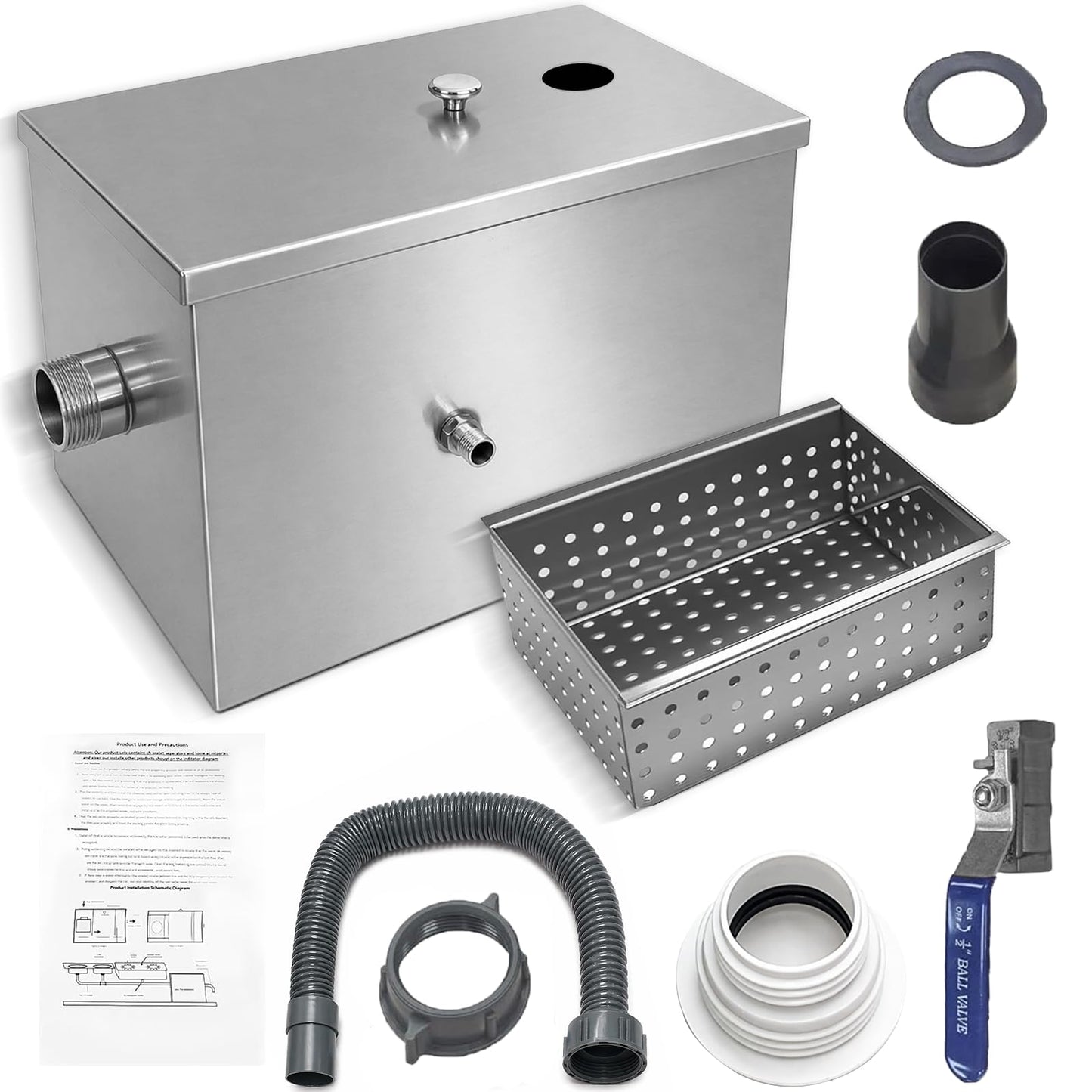 Commercial Grease Trap 8lbs Stainless Steel Interceptor | Side Inlet Heavy Duty Grease Interceptor for Restaurant, Kitchen, Cafe, Canteen, Factory