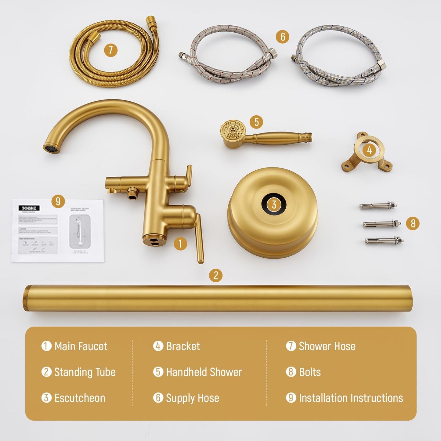 Freestanding Bathtub Faucet, 6.6GPM/60PSI Brass Floor Mount Tub Faucet Vintage Handheld Shower Brushed Gold