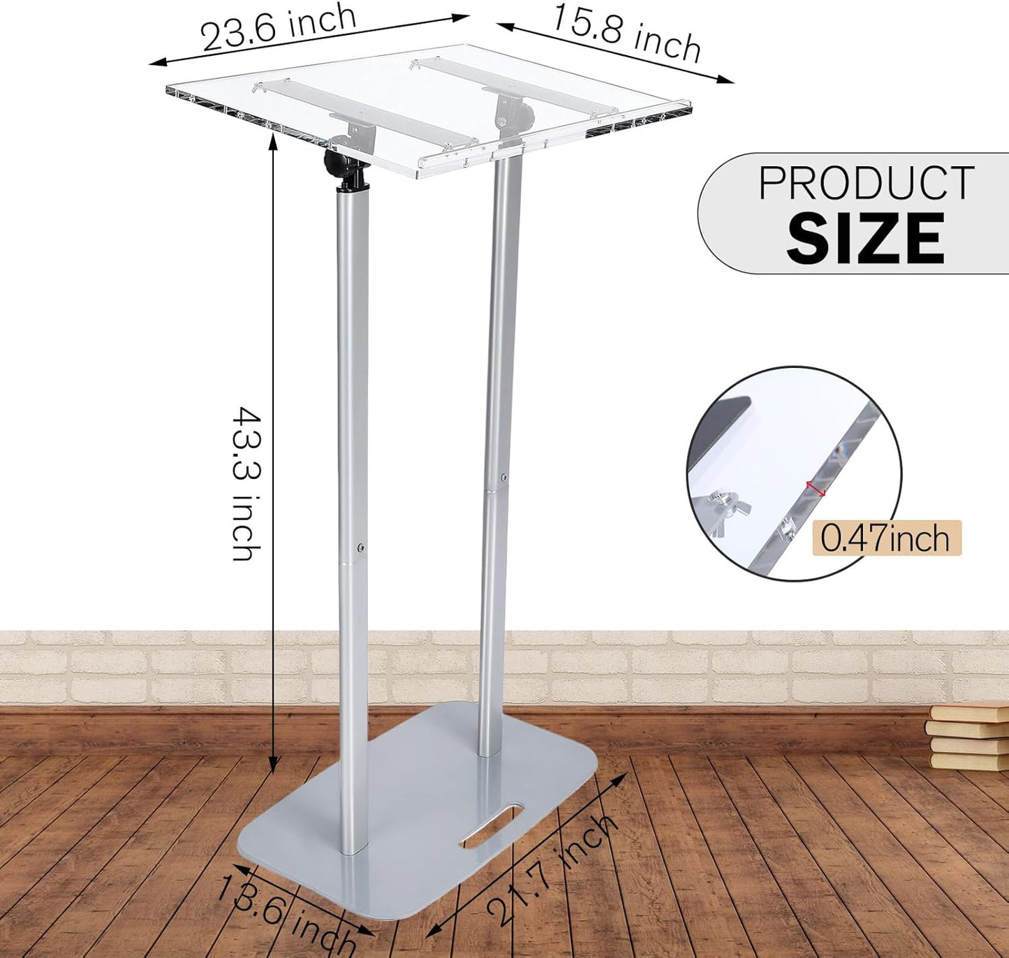 Kigley Acrylic Podium Stand Clear Podium Lectern 43.3&#39;&#39; Tall Floor Standing Speaking Podium with Adjustable Angle 30-90 Slanted Top Silver