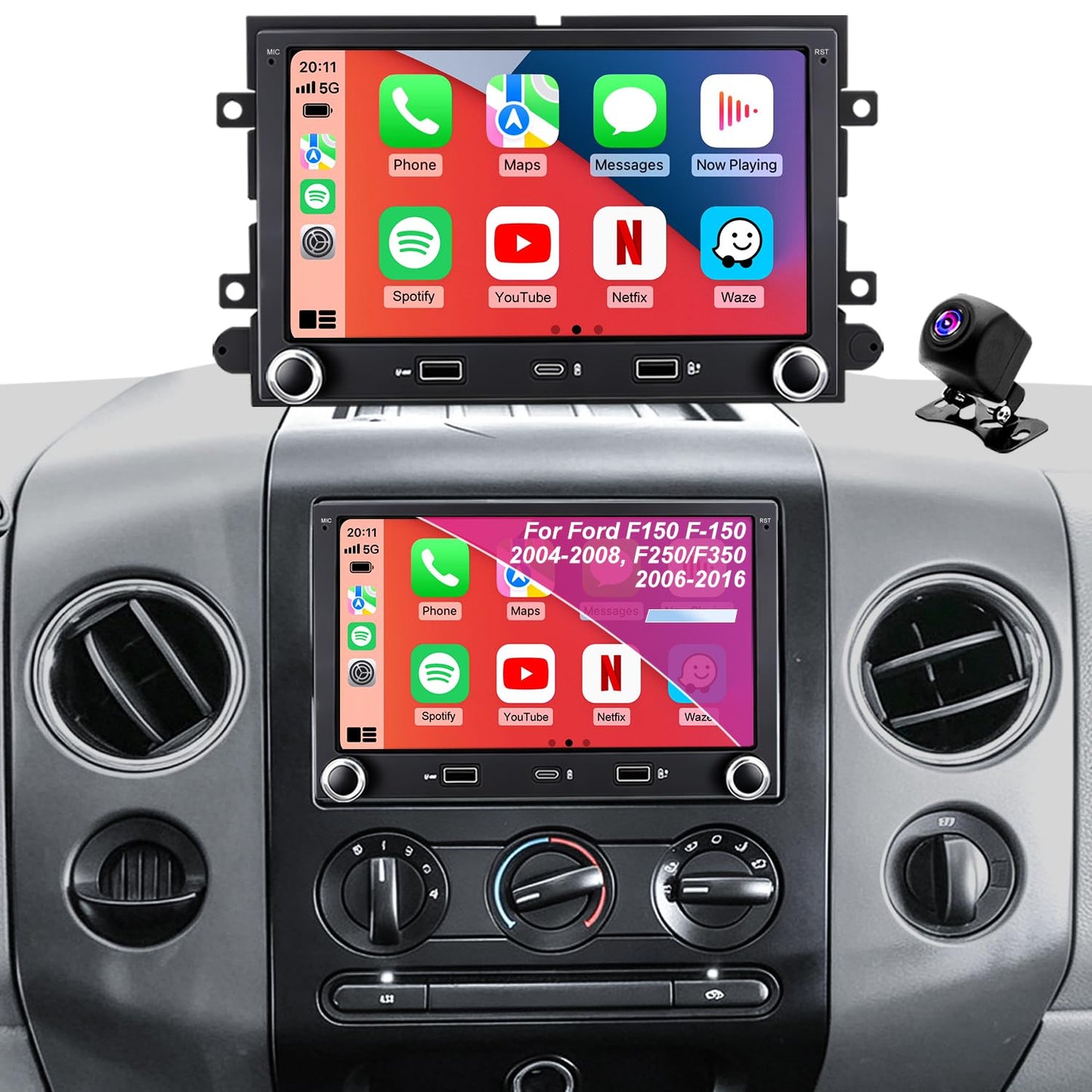 Car Radio for Ford F150 F-150 2004-2008, F250/F350 2006-2016, Mustang 2005-2009, E150/E250/E350 2009-2014, Expedition Explorer 7 Inch Touchscreen Stereo, Wireless CarPlay Android Auto GPS BT FM Camera