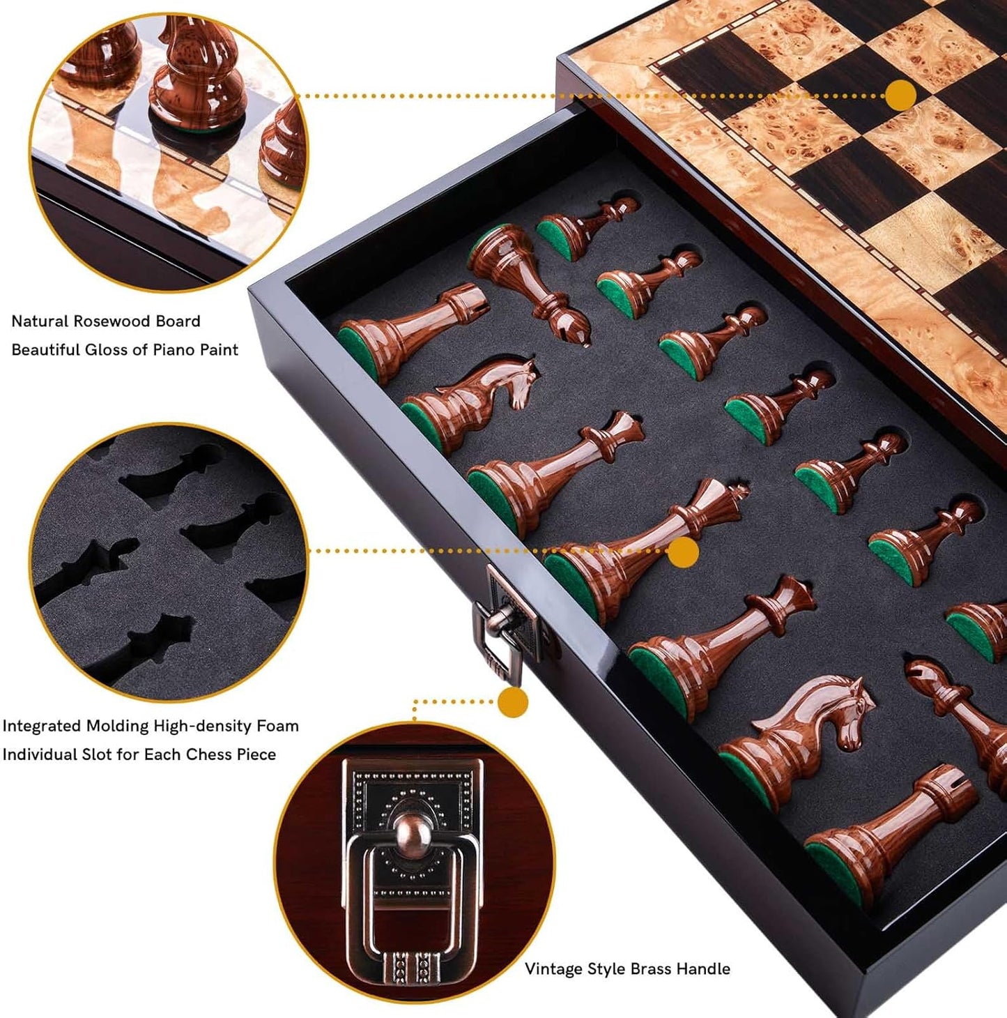 17 inches Wooden Chess Set with High Polymer Weighted Chess Pieces / 2 Built-in Storage Drawers / 2 Extra Que