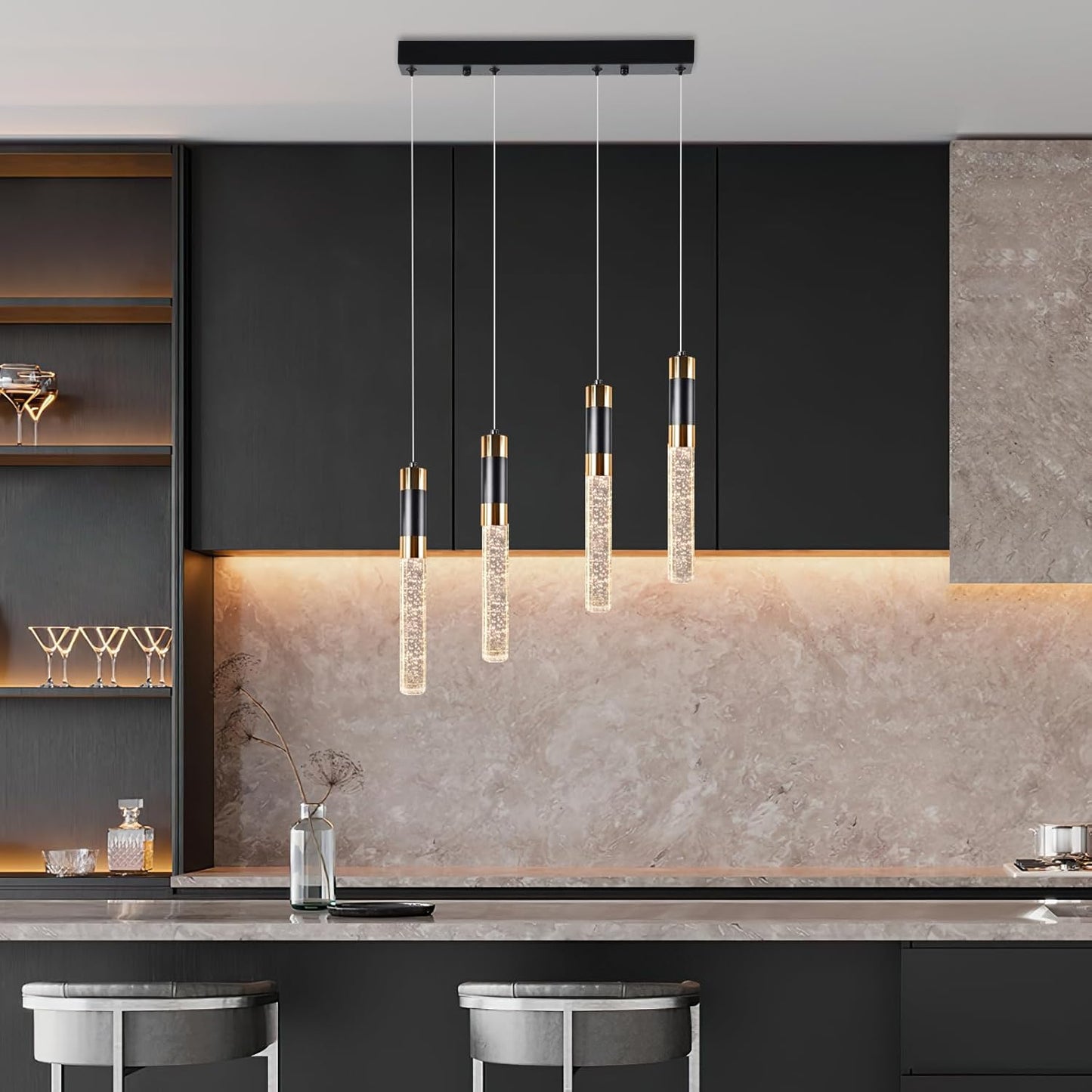 ELEKICO Modern Crystal Led Pendant Lights with 4-Light, Black and Gold Pendant Light Fixtures, Cylindrical Pendant Lighting for Kitchen Island,