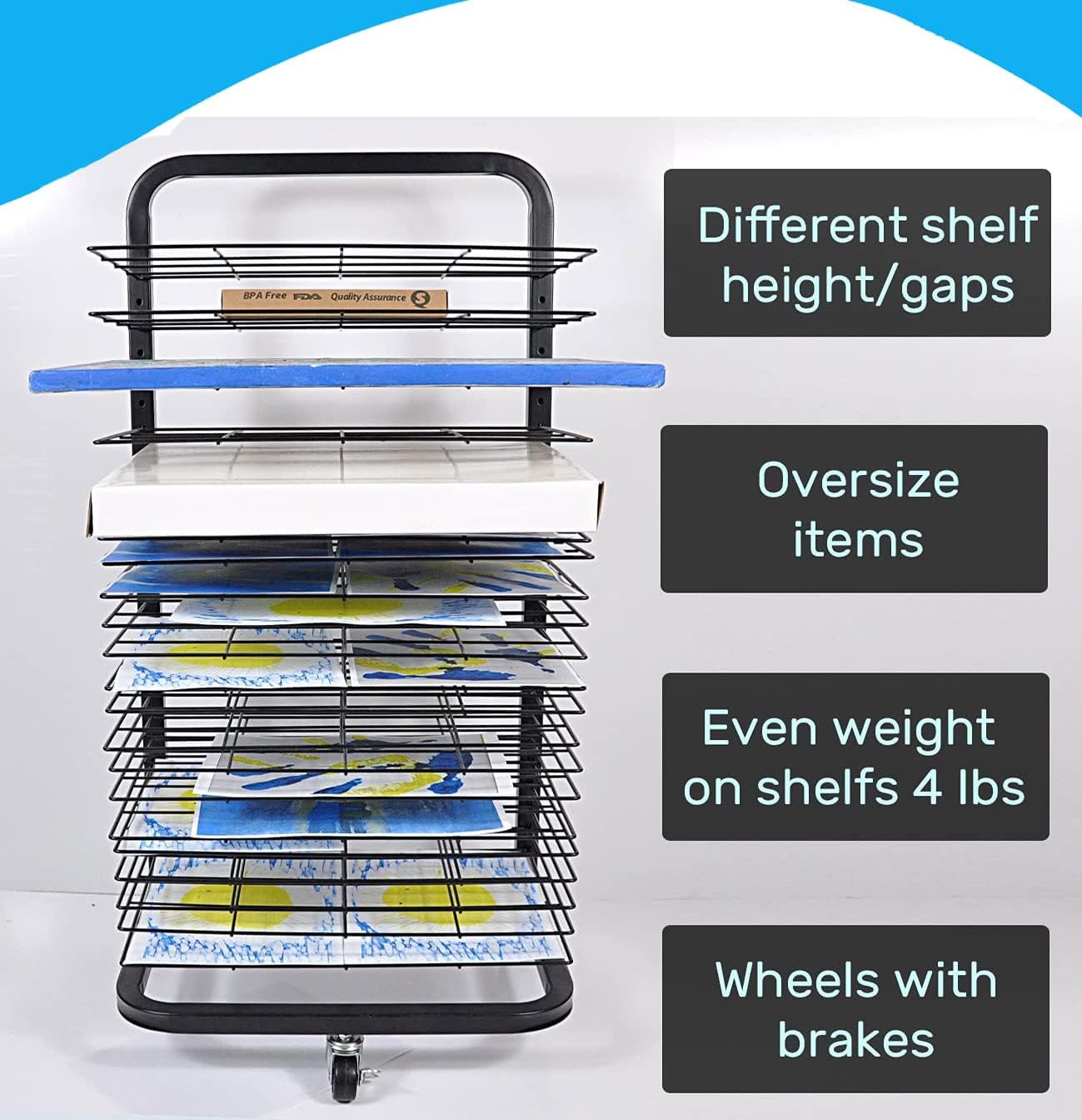 Joymaney Art Drying Rack - Mobile Metal Art Storage Rack with Extra Large 25 Removable Shelves, Art Organizer for Kids, Art St