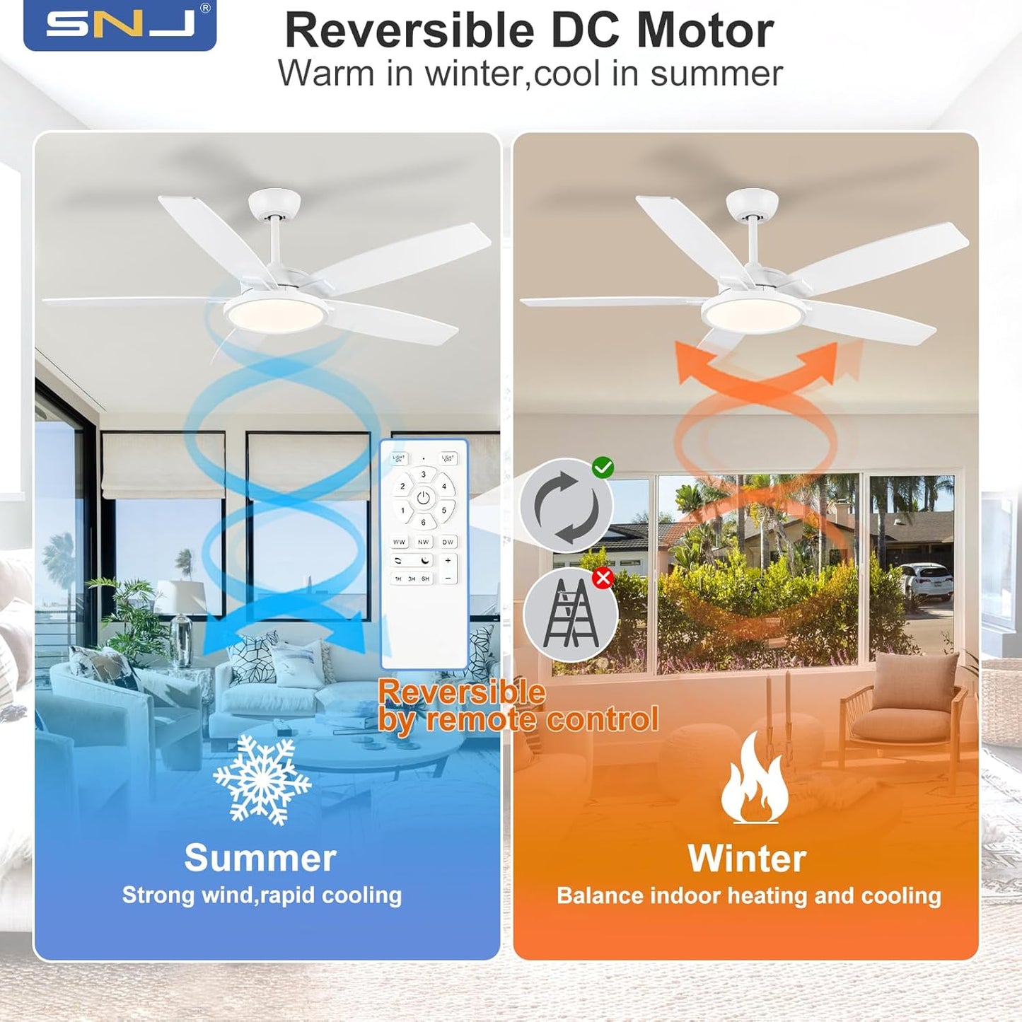 52 inch Ceiling Fan with Light, White Ceiling Fan with Light and Remote, Bedroom Ceiling Fan for Indoor, Outdoor, Living Ro