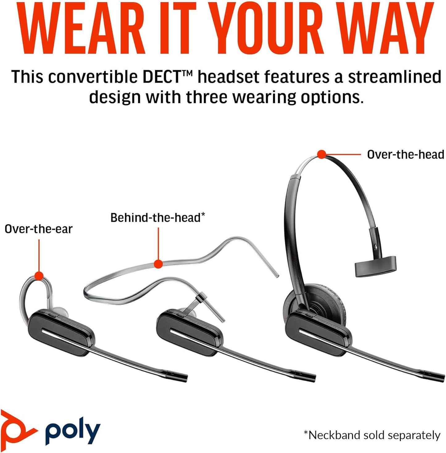 Poly CS540 Wireless DECT Headset with HL10 Lifter (Plantronics) - Single Ear (Mono) Convertible (3 wearing styles) - Connects to Desk Phone - Noise