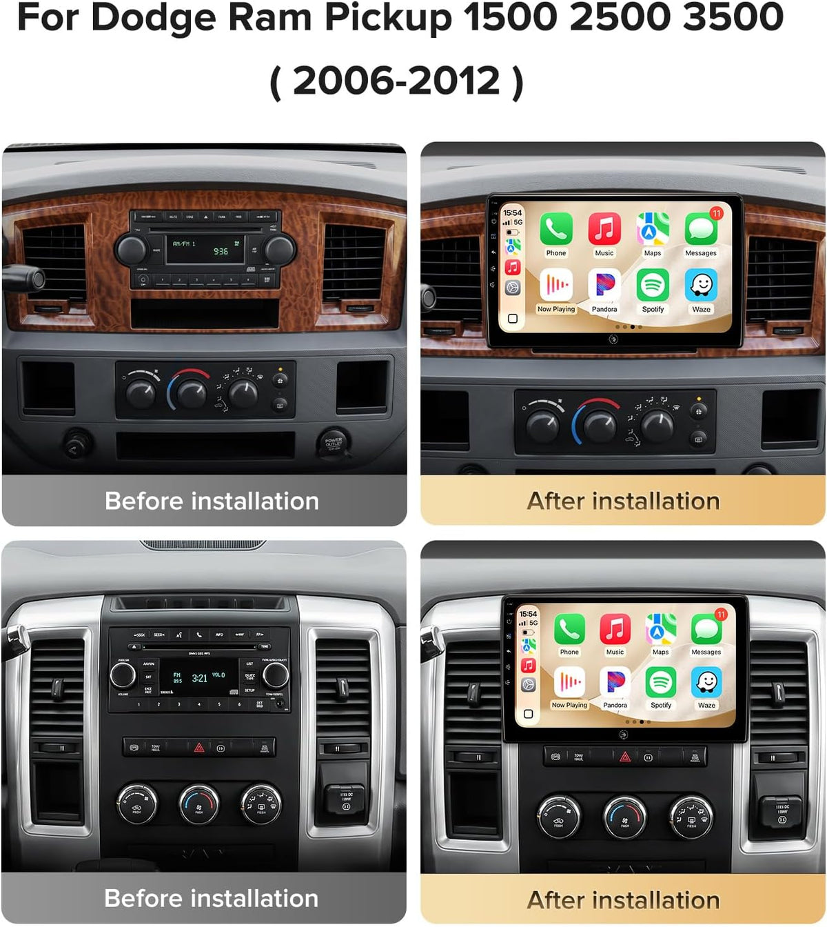 Carplay Radio for 06-12 Dodge Ram 1500/2500/3500 & 05-08 Durango | 07-18 Jeep Wrangler,4G+64G,Wireless CarPlay Android Auto Mirroring,Android 13,BT 5.4,FM/AM,GPS,AUX,1080P Cam, Retain OEM SWC