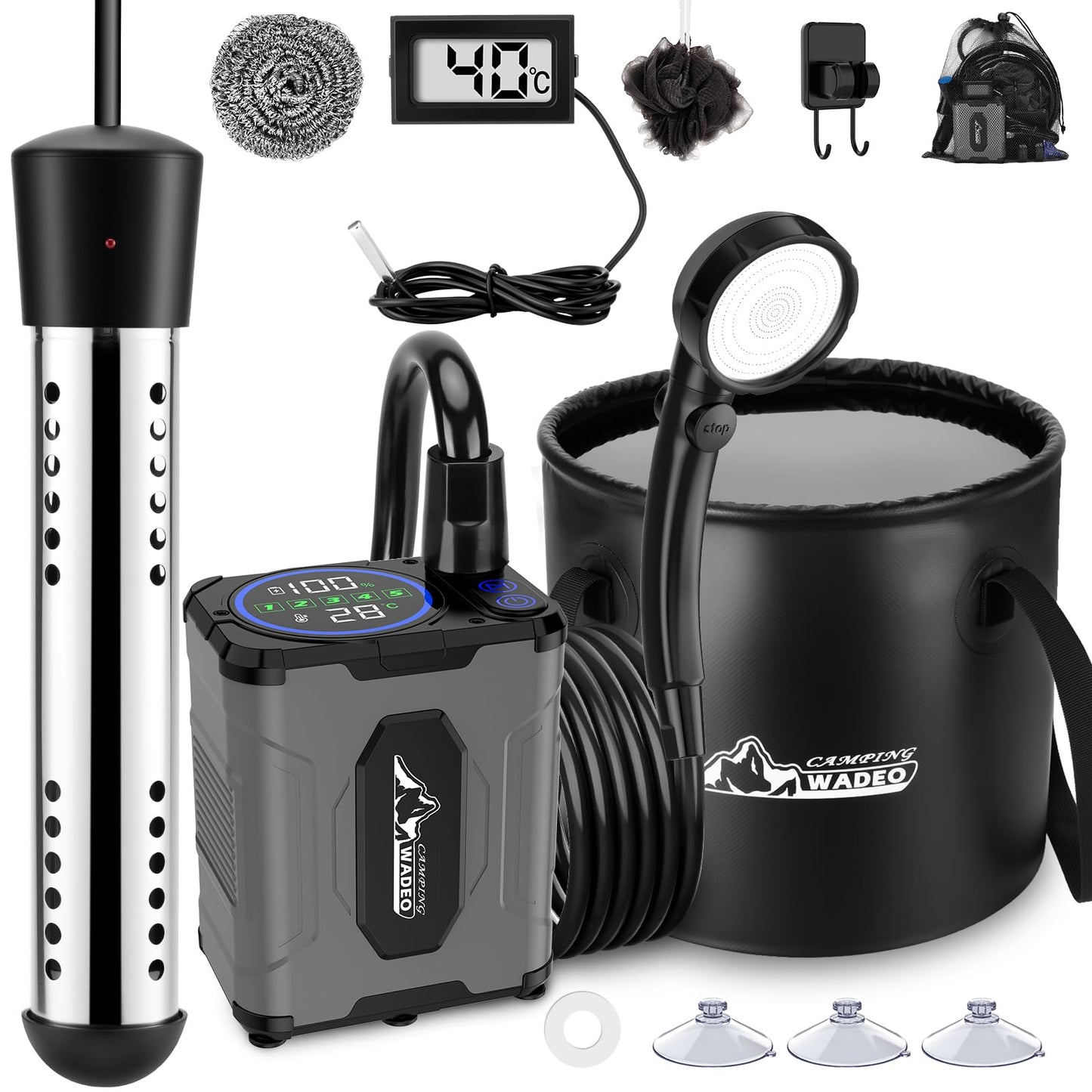 Upgraded Portable Shower for Camping with Heater, Rechargeable Camping Shower with Intelligent LED Display, 5 Gal Foldable Bucket, 4 Spray Modes, Portable Shower for Travel, Pet Bath, Car Washing