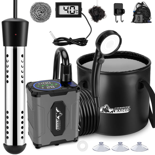 Upgraded Portable Shower for Camping with Heater, Rechargeable Camping Shower with Intelligent LED Display, 5 Gal Foldable Bucket, 4 Spray Modes, Portable Shower for Travel, Pet Bath, Car Washing