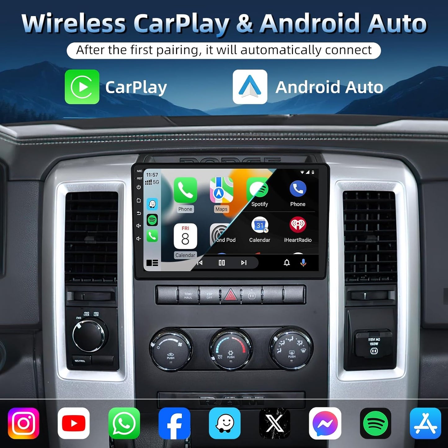 4Core+64GB ROM Car Radio for Dodge Ram 1500 2500 3500 2009-2012: 10 Inches IPS Touchscreen Upgrade Stereo with Wireless Carplay Android Auto GPS 5G WiFi HD 1080P Backup Camera Bluetooth FM SWC 4 Core 2GB RAM + 64GB ROM 10 Inches