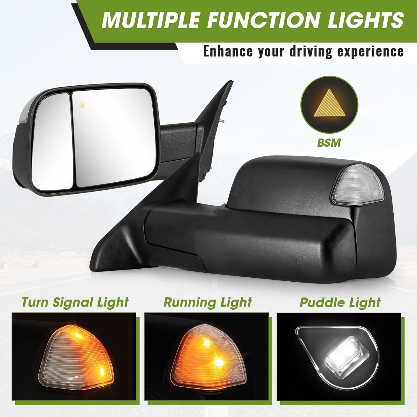 Driver Side Tow Mirror for 2019-2022 Ram 2500 3500 | Left, Turn Signal & Running & Puddle Lights, Power Heated & BSM & Temp Sensor, Manual Fold Flip-Up