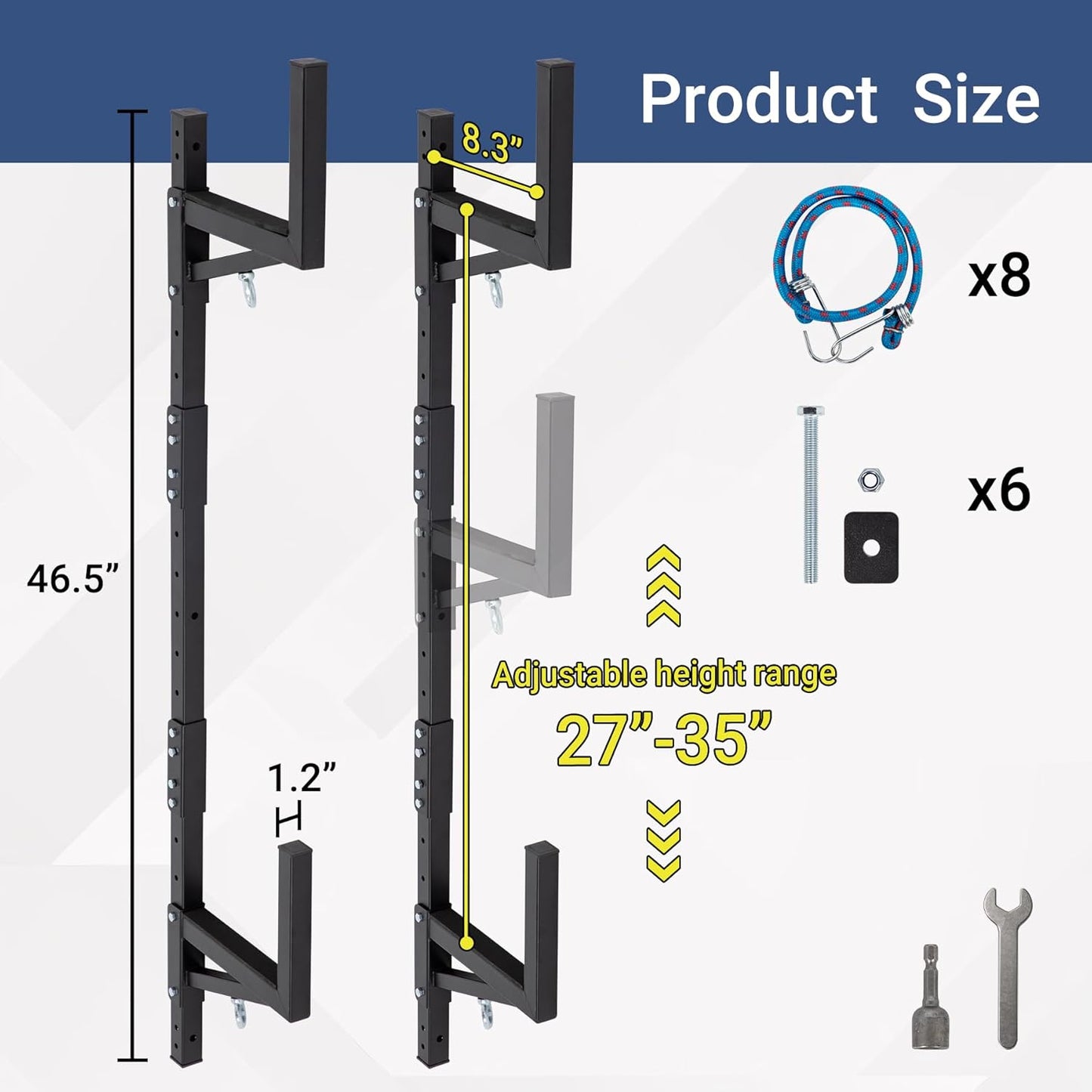 Adjustable Trailer Ladder Rack, Heavy Duty Steel Ladder Rack with 8 Elastic Ropes for Truck, Open and Enclosed Trailer Side Wall Mount, Indoor/Outdoor Storage Rack 350 LBS Capacity