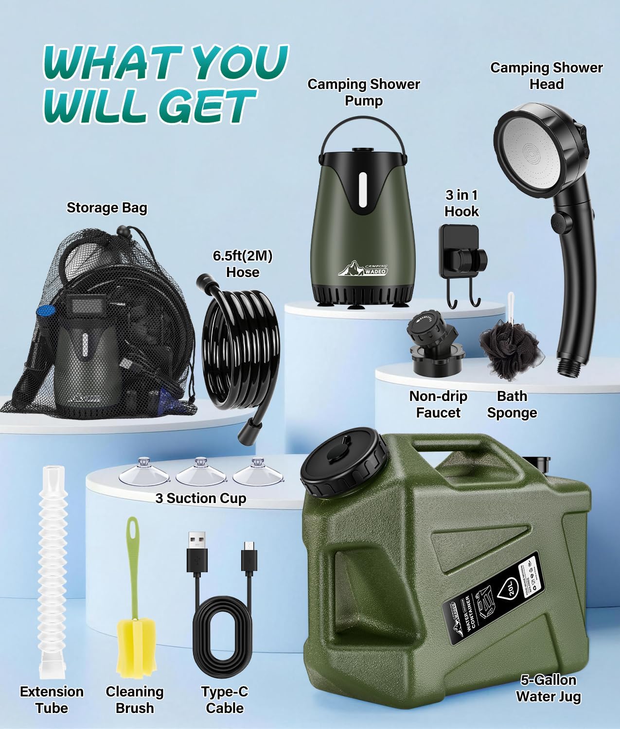 2026 Portable Shower for Camping with 5-Gallon Water Jug, Rechargeable Camping Shower, Food Grade Material Water Containers for Fruit & Vegetables Wash, Integrate Design for Outdoors, Hiking