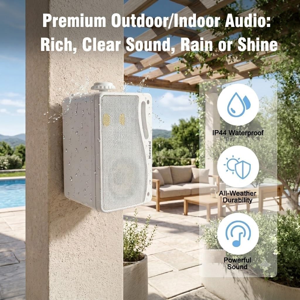 3.5" 200W Outdoor Bluetooth Speakers, IP44 Waterproof Rating and Be Able to Wireless Multi-Connection Up to 20 Units for Patio/Porch/Balcony (White, 2-Pack)