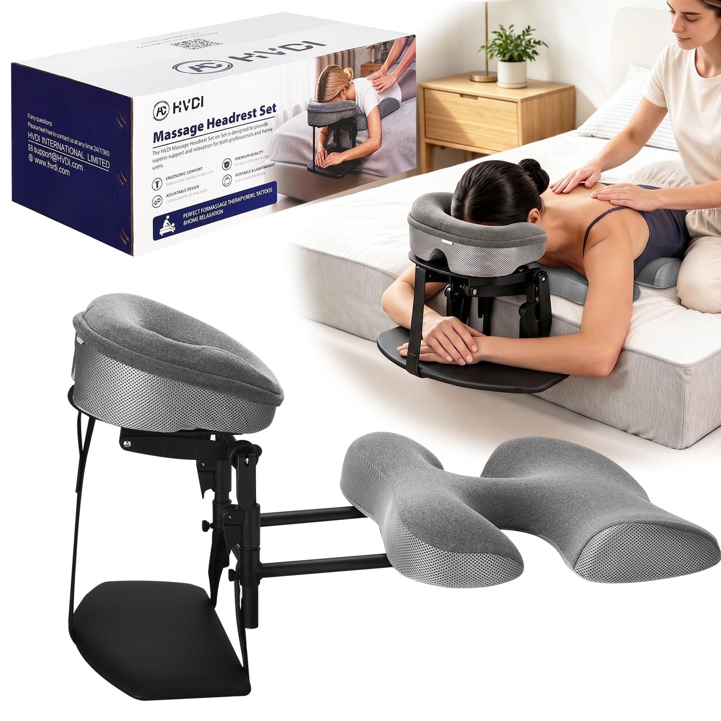 HVDI Massage Headrest for Bed, Height-Adjustable Bed Massage Head Holder, Home Massage Kit, Face Down Pillow After Eye Surgery, Includes Headrest, Chest Cushion, and Armrest Pads