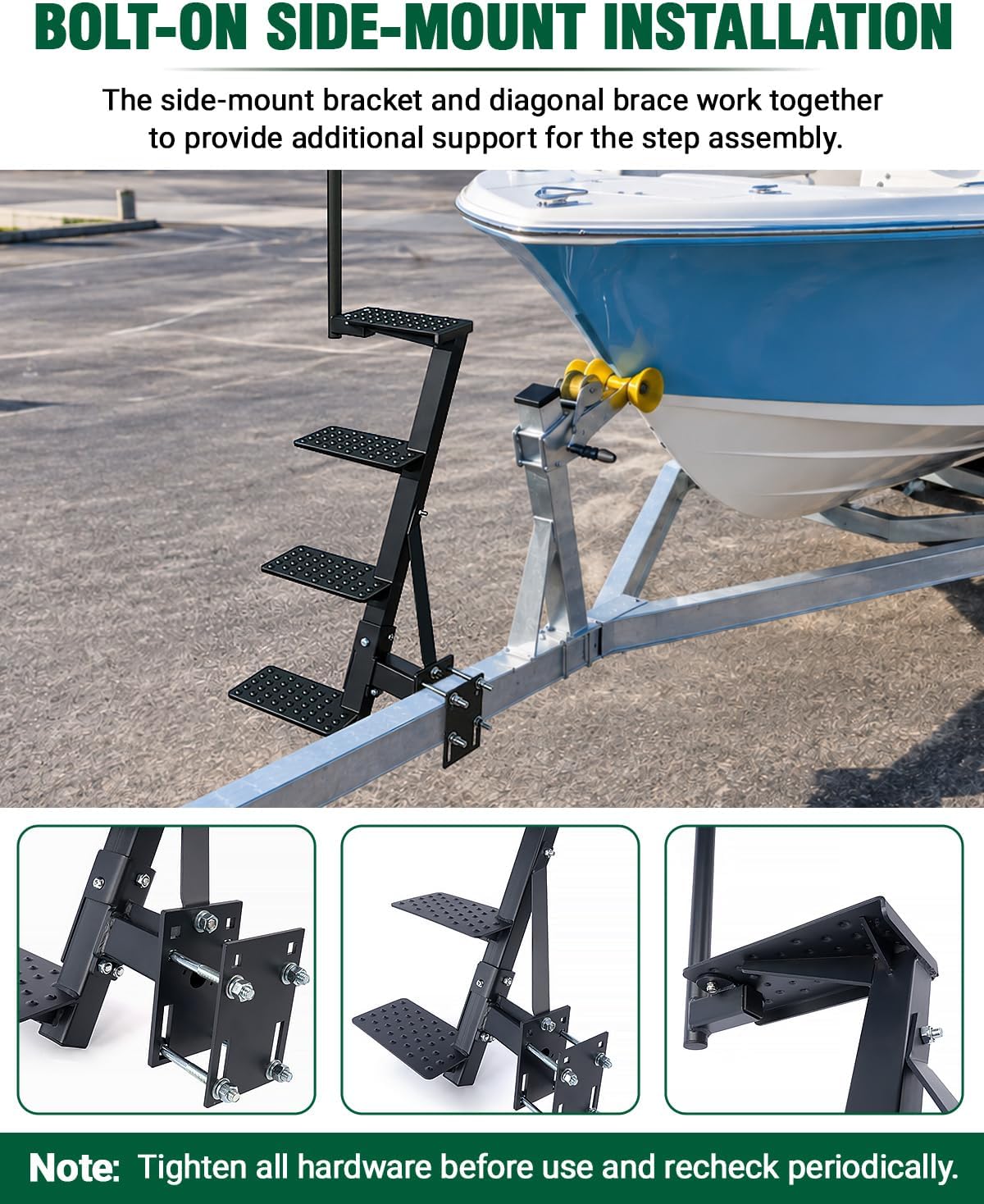 Boat Trailer Steps with Handrail, 4-Step Side Mount Boat Step