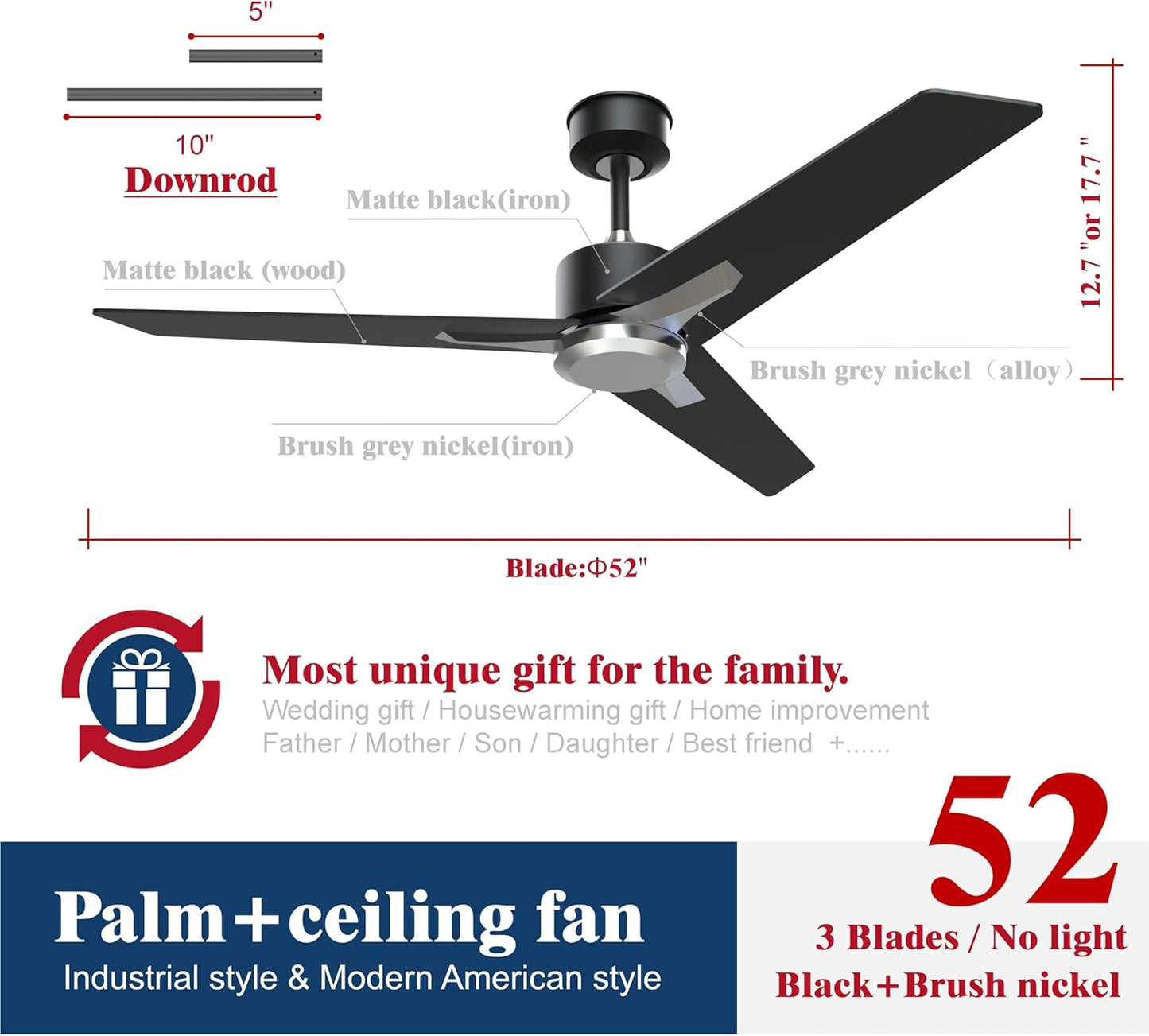 Fande-Aire Ceiling Fan with Remote - Outdoor Ceiling Fan Without Light, 52 inch Ceiling Fan No Light with 3 Blade 3 Speeds for Patios, Bedroom Living