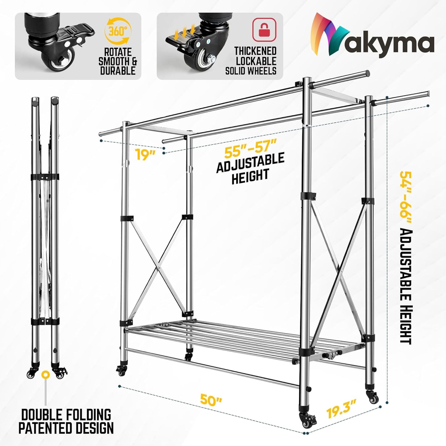 Clothes Rack - Heavy Duty Clothes Rack Load 580 LBS, Rolling Clothing Rack with Wheels, Collapsible  Adjustable Clothes Rack with Wheels Garment Rack