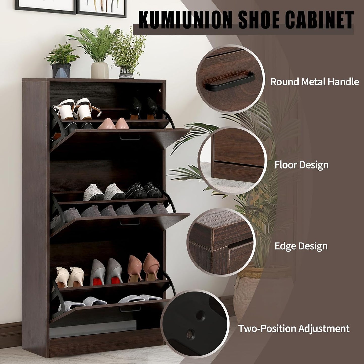 Shoe Storage Cabinet with 3 Flip Drawers, Freestanding Storage Racks for Entryway Hidden Narrow Shoe Organizers Perfect for Heels, Boots, Slippers, Walnut Brown