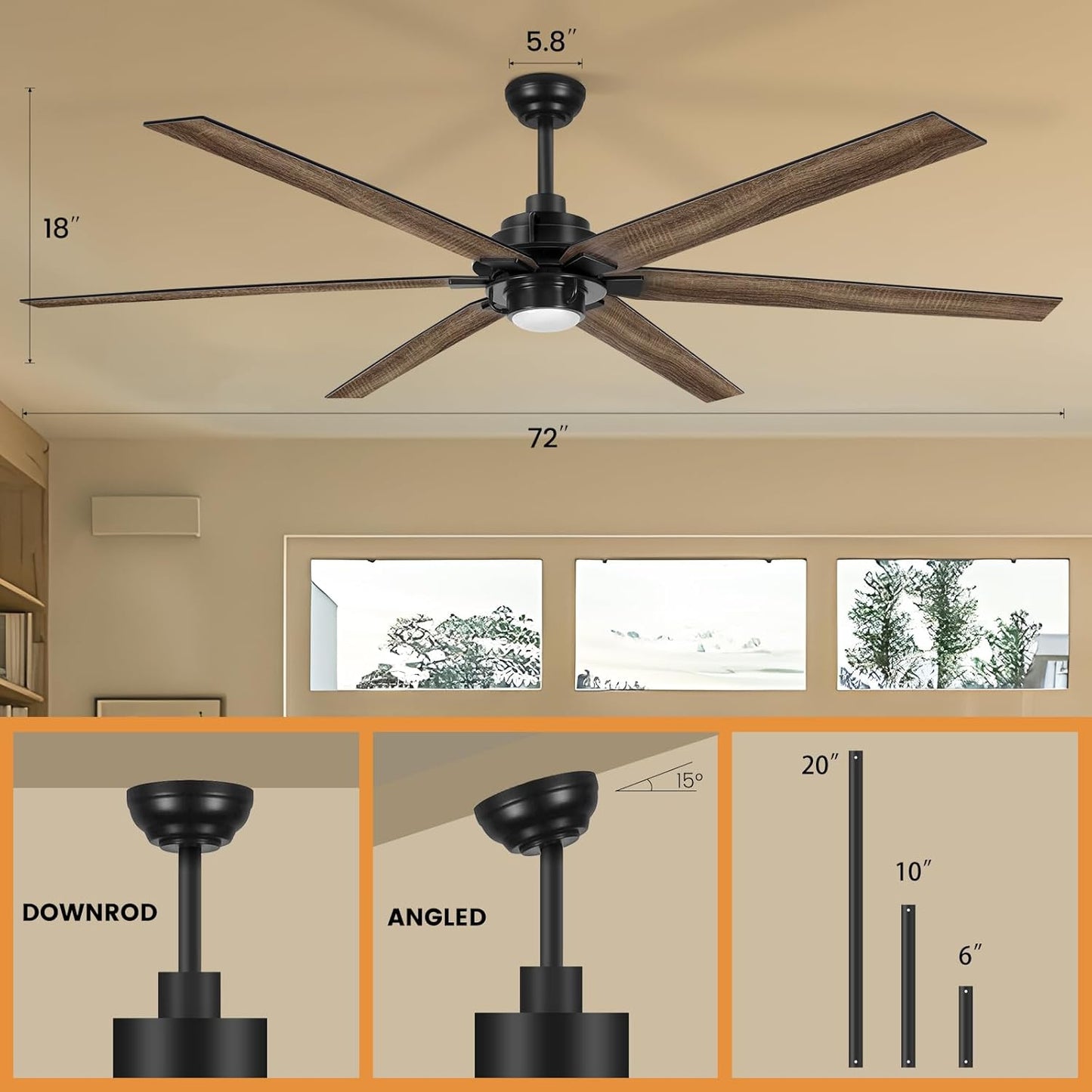 72-Inch Large Ceiling Fan with Lights and Remote, 6-Blade Silver Modern Design for Indoor/Outdoor Patio, Quiet DC Motor, 3 CCT Dimmable, 6 Speeds (72&