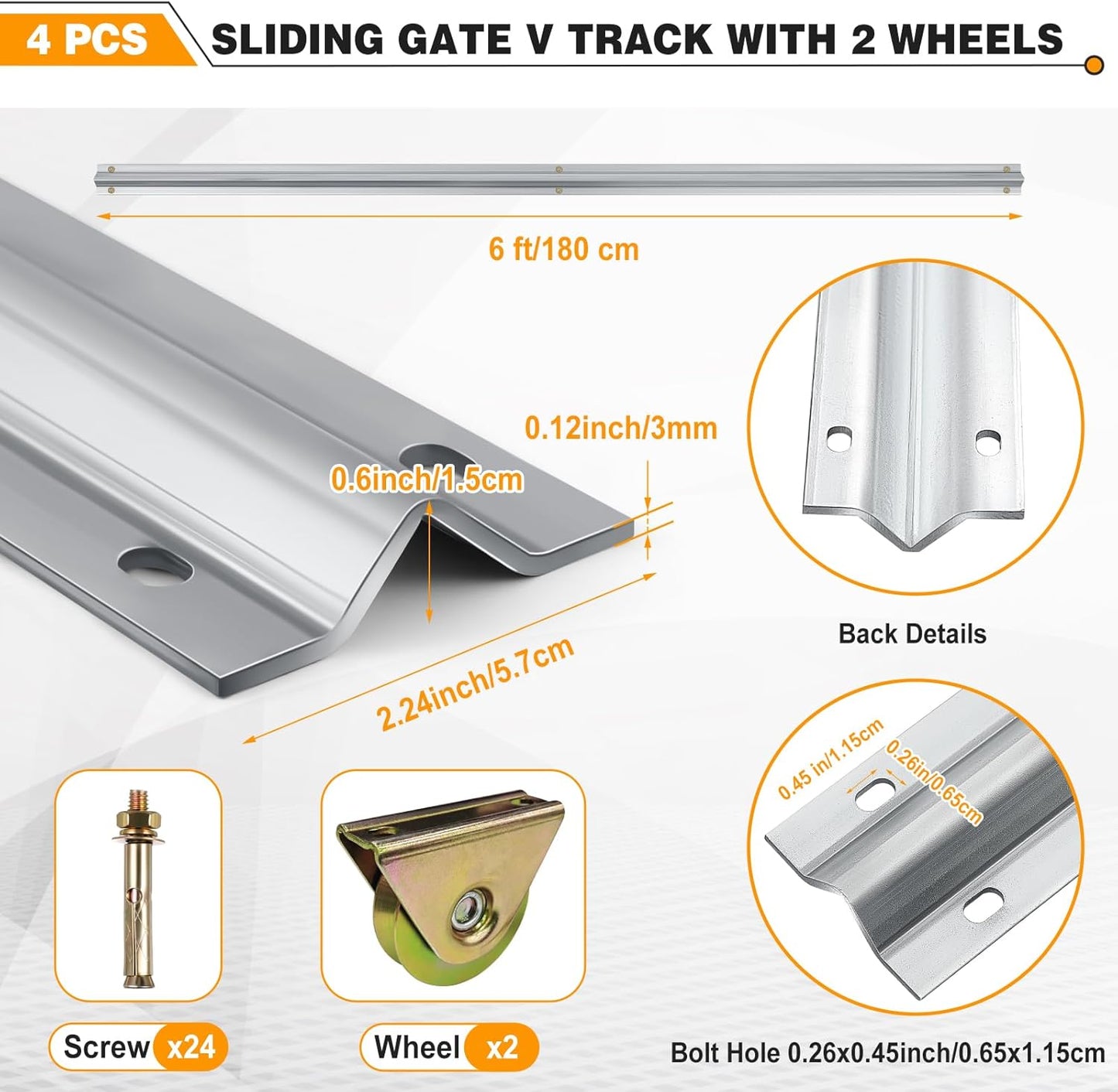 24 ft Sliding Gate V Track Kit 3mm Thick Galvanized Inverted V Rail with 2 Pack 3" V-Groove Wheels, 4 x 6ft Sections Heavy Duty Driveway Gate Track System