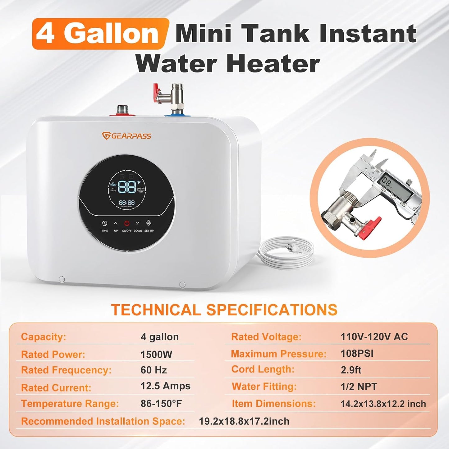 4 Gallons Electric Mini Tank Water Heater 120V 1500W, Small Under Sink Water Heater, Adjustable 55–145°F, Fast Heating, CSA Certified, Wall or Floor Mount for Kitchen, Bathroom, RV