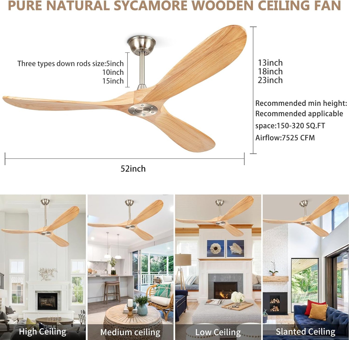 52' Ceiling Fans without Lights, Solid Wood Ceiling Fan with Remote Control No Light, Modern Ceiling Fan with 3 Blades