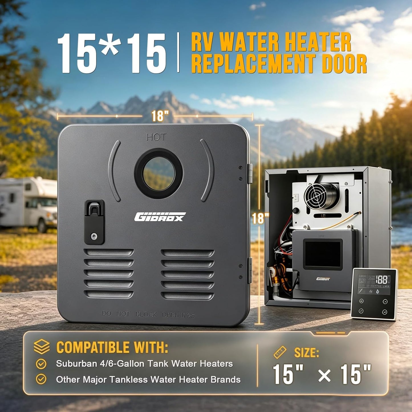 15 x 15 Inch RV Tankless Water Heater Door Kit, Gray Water Heater Access Door for RV Water Heaters, Galvanized Steel, Door Only 15"x 15" Grey