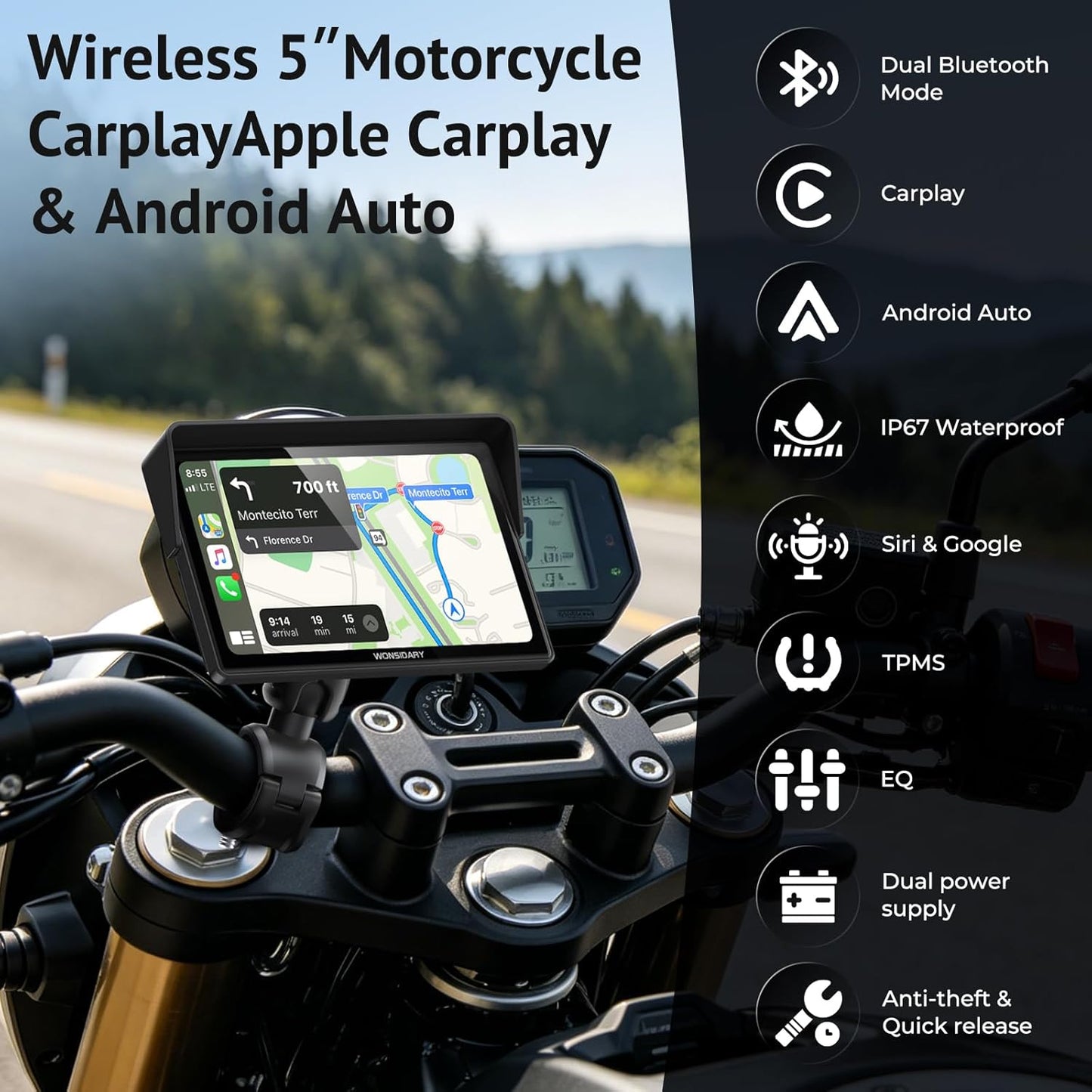 5" Compact Wireless Motorcycle CarPlay & Android Auto with TPMS Screen,IP67 Waterproof IPS Touchscreen,Voice Control, Dual Bluetooth Audio,USB/Acc Power Motorcycle GPS Display for Riding 5 Inch