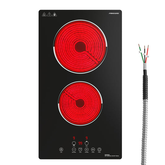 FIREGAS 12 Inch Electric Cooktop 2 Burners,220V-240V Hardwired Built-in Electric Stove Top with Matte Black Glass,3000W Sensor Touch Control,9 Power Levels,Timer & Child Lock for Apartments,ADUs