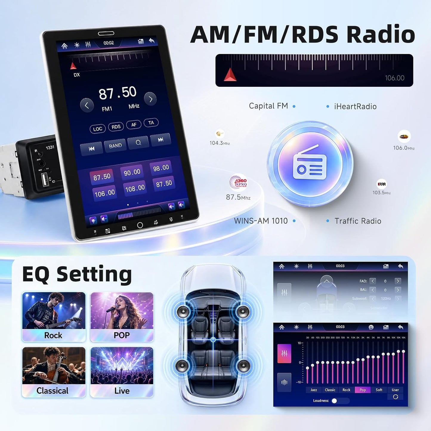 MAHVEC 10.1'' Single Din Car Stereo with Wire/Wireless CarPlay Android Auto | HD IPS Mipi Rotatable & Adjustable Touchscreen Radio with 5.2BT,FM/AM/RDS Radio,Mirror Link,SWC,USB Charging,Backup Camera