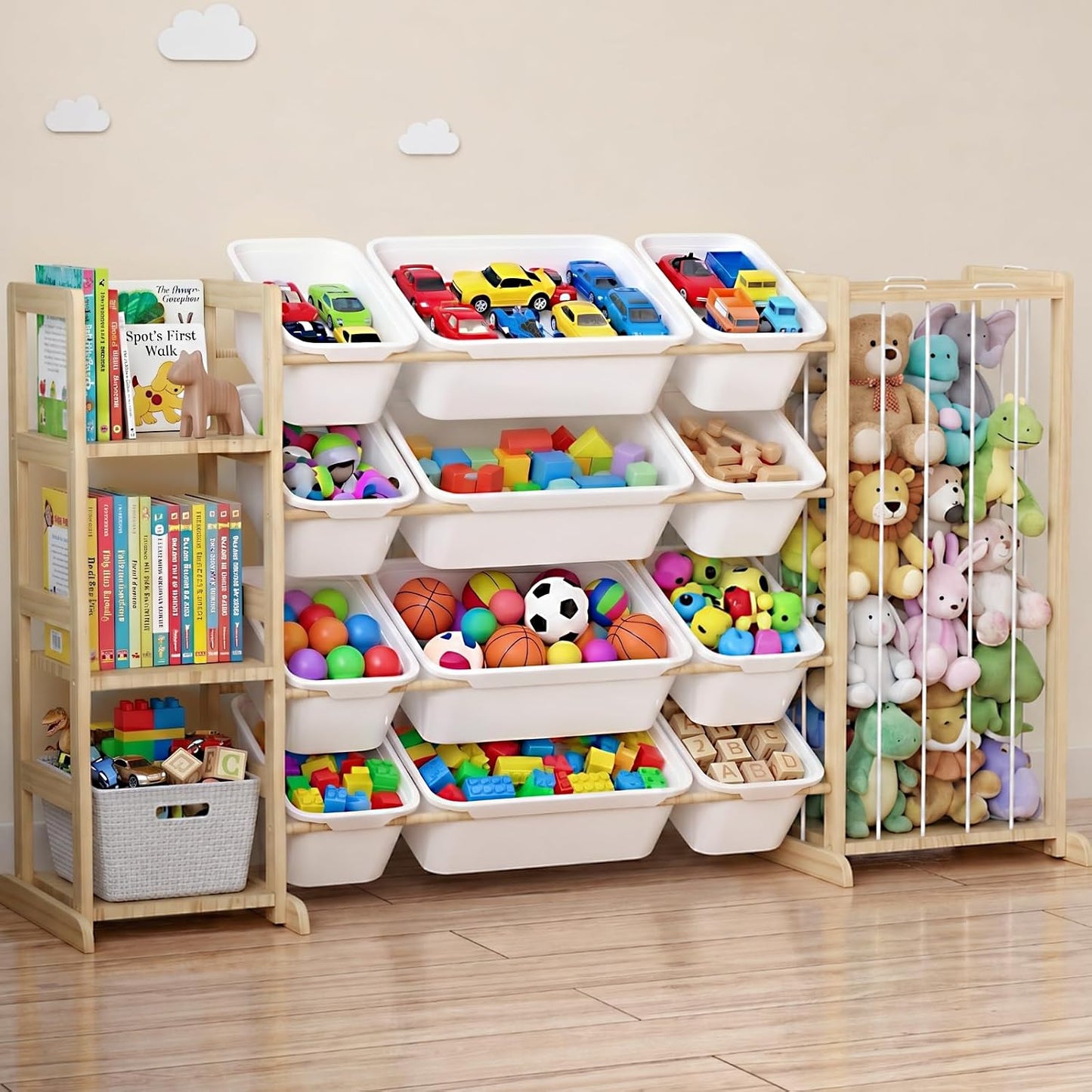Toy Storage Organizer with Kids Bookshelf and Stuffed Animal Storage | Solid Wood Toy Shelf, Removable Toy Bins, Heavy Load Support, Large Stuffed Animal Holder, Toddler Kid Playroom Living Room