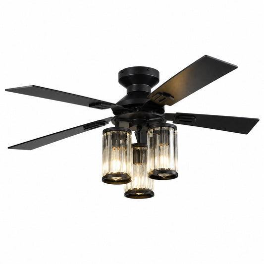 52 Inch Ceiling Fan with Lights, Low Profile Flush Mount Black 5‑Blade with Quiet DC Motor, 3 Crystal Glass E26 Shades, Remote & App Control for Bedroom and Living Room (Bulbs Not Included)