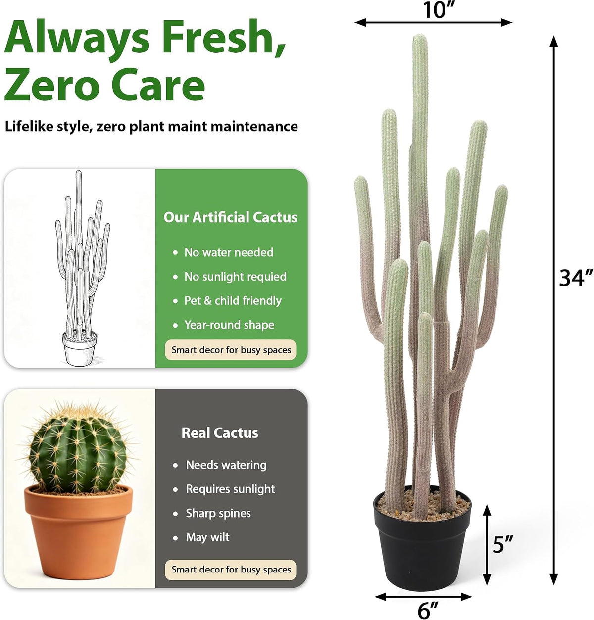 Artificial Cactus 34" Fake Cacti Faux Saguaro Plants for Indoor Outdoor Home Office Garden Decor 34inches