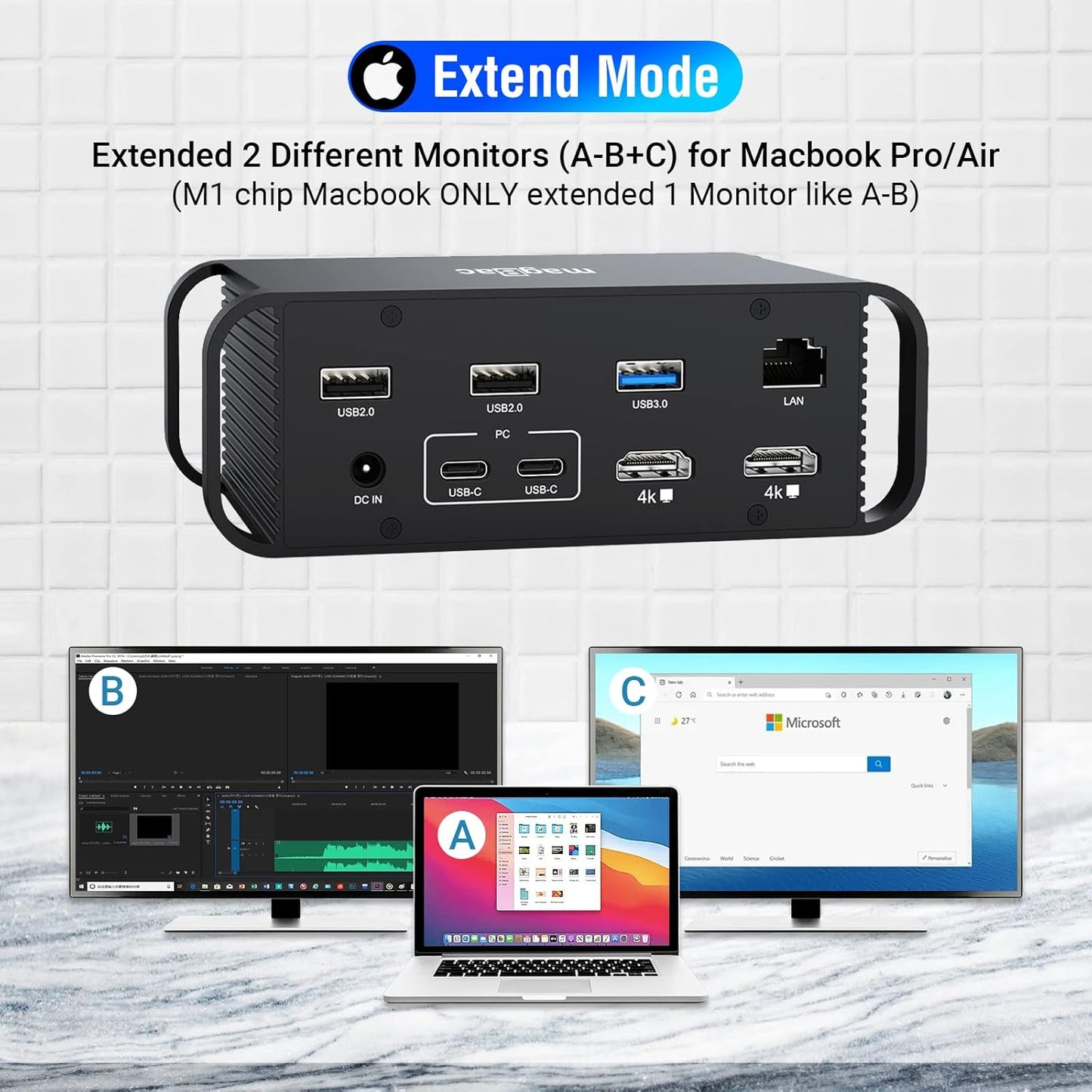 MacBook Laptop Docking Station Dual Monitor, 14 in 2 USB C Dock with 100W AC Power Adapter, Two 4K HDMI, 4 USB A, USB C PD 18W Charger, 3.5mm Audio,