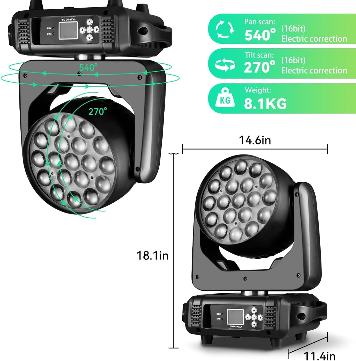 19x15W LED Moving Head DJ Light RGBW 4-in-1 Stage Zoom Beam Wash Lighting Effect with DMX512 Sound Activated for Church Parties Live Show Bar Disco