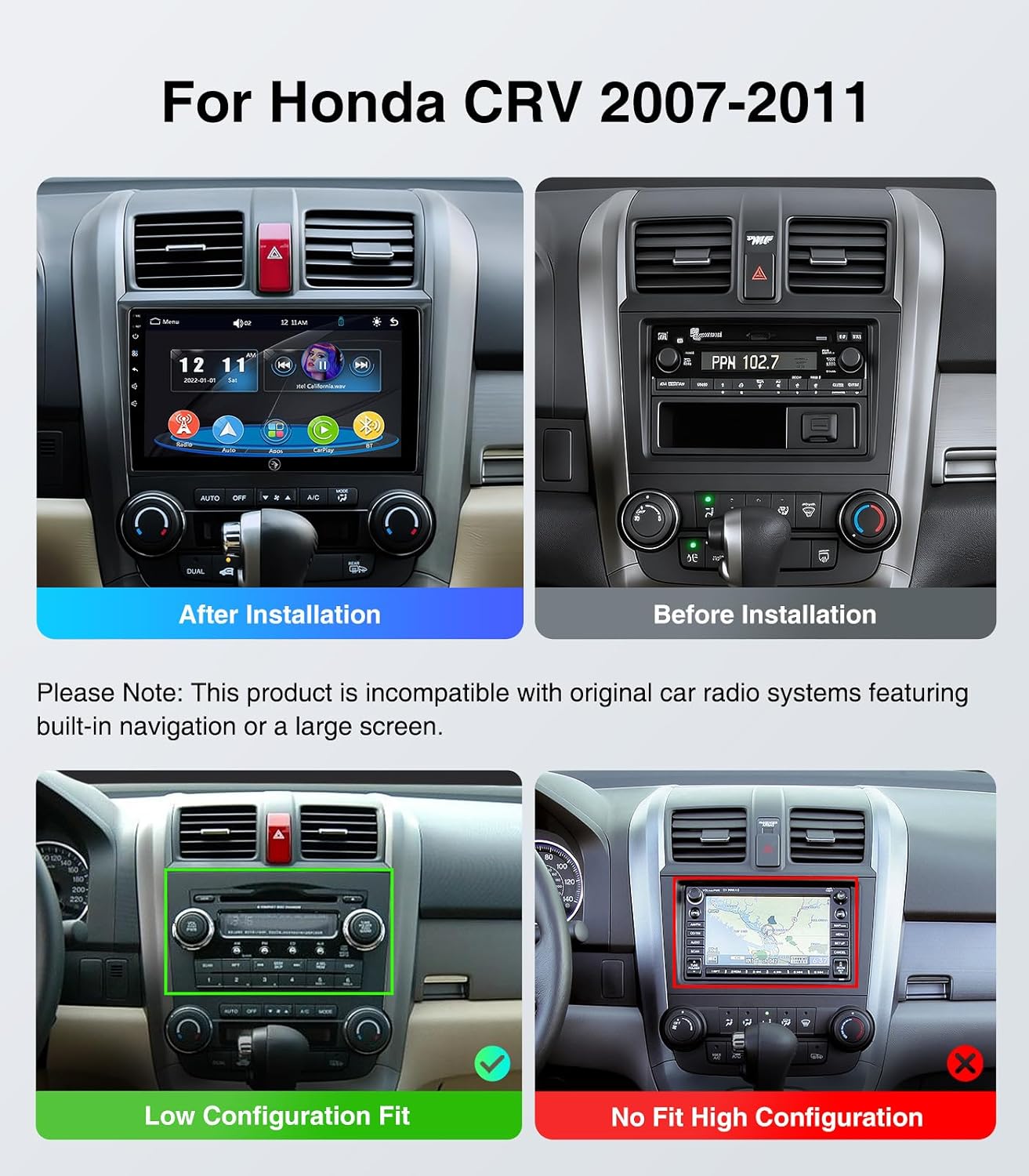 Car Radio Stereo for Honda CRV 2006-2011, Wireless CarPlay Android Auto 9 Inch Linux Touch Screen GPS Navigation Head Unit WiFi Bluetooth FM/AM