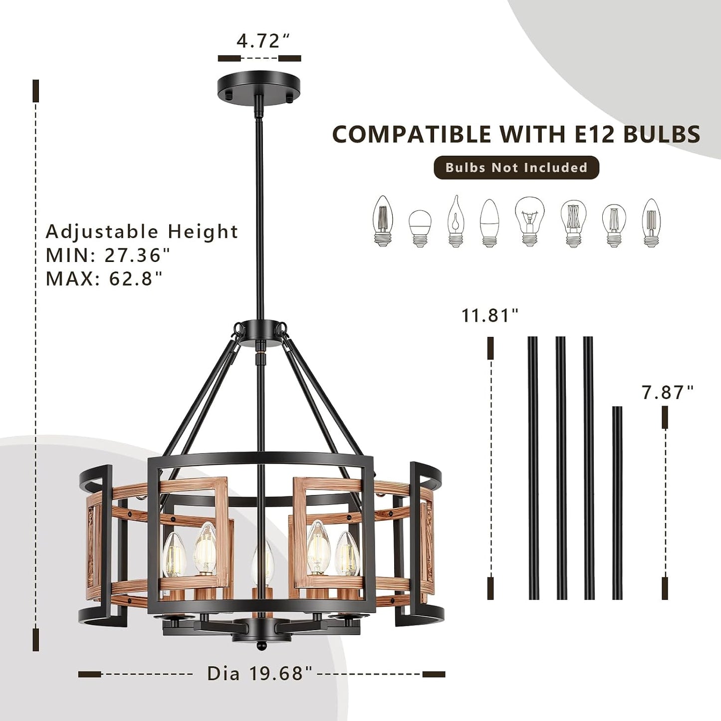 20-inch Chandelier, 5-Light Dining Room Light Fixture Over Table | Matte Black Metal with Woodgrain Frame, Farmhouse Rustic Style, Adjustable Height, E12 Socket, Ceiling Mount, Hardwired, 120V