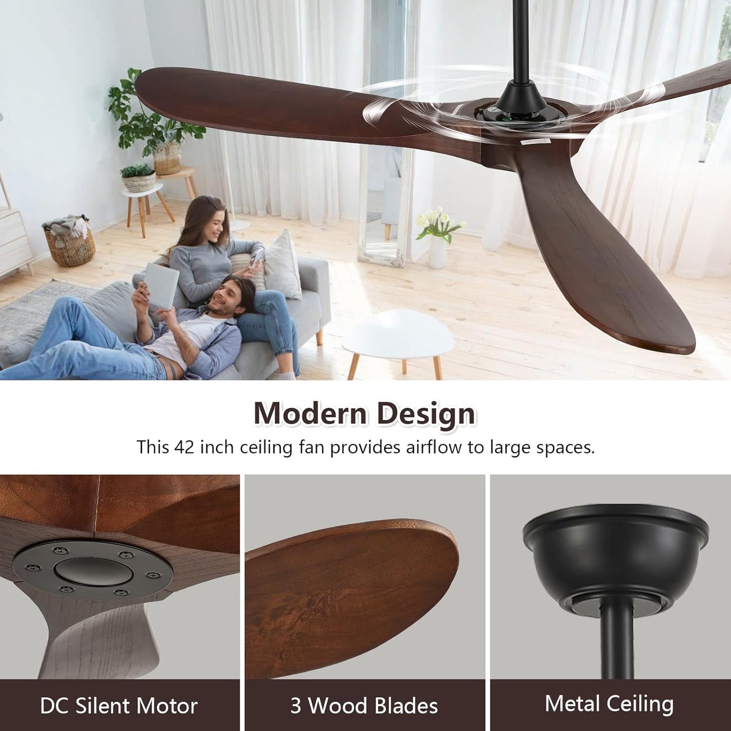 42'' Wood Ceiling Fan without Light,Large Airflow with Quiet Operation and Speed Memory Function,Outdoor Ceiling Fan Dark Walnut Finish for Bedroom,Living Room,Patio.