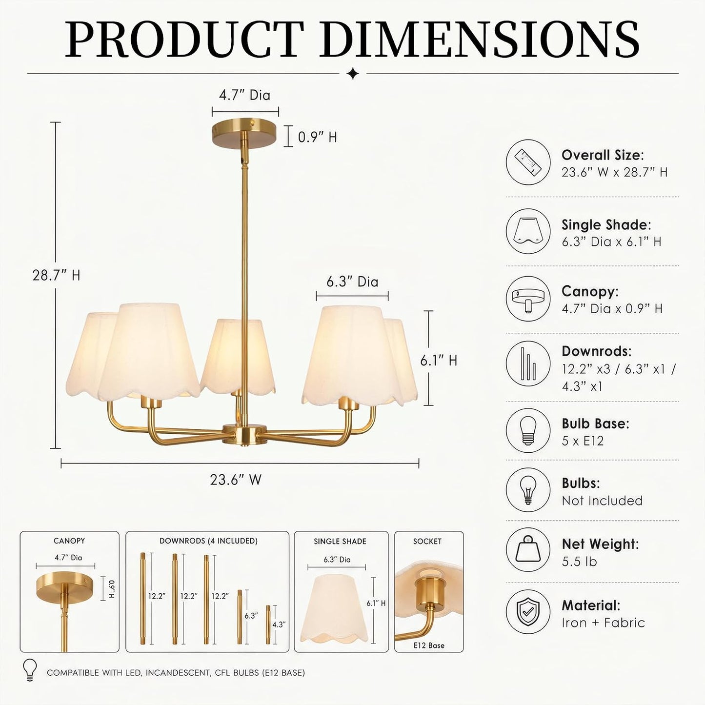 Fandian Brass Gold Chandeliers for Dining Room, 5 Light Antique Modern Chandelier Light Fixture with White Fabric Shade, Classic Kitchen Pendant Lights Over Table for Living Room Bedroom Foyer