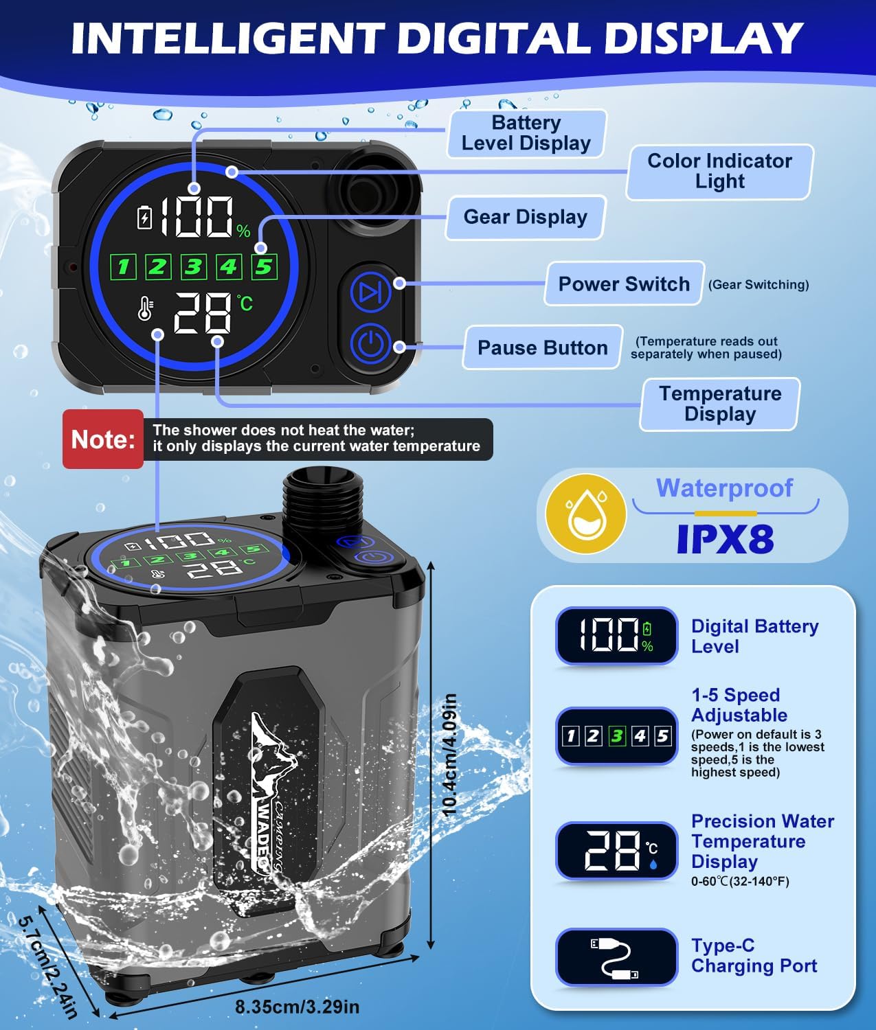 Upgraded Portable Shower for Camping with Heater, Rechargeable Camping Shower with Intelligent LED Display, 5 Gal Foldable Bucket, 4 Spray Modes, Portable Shower for Travel, Pet Bath, Car Washing