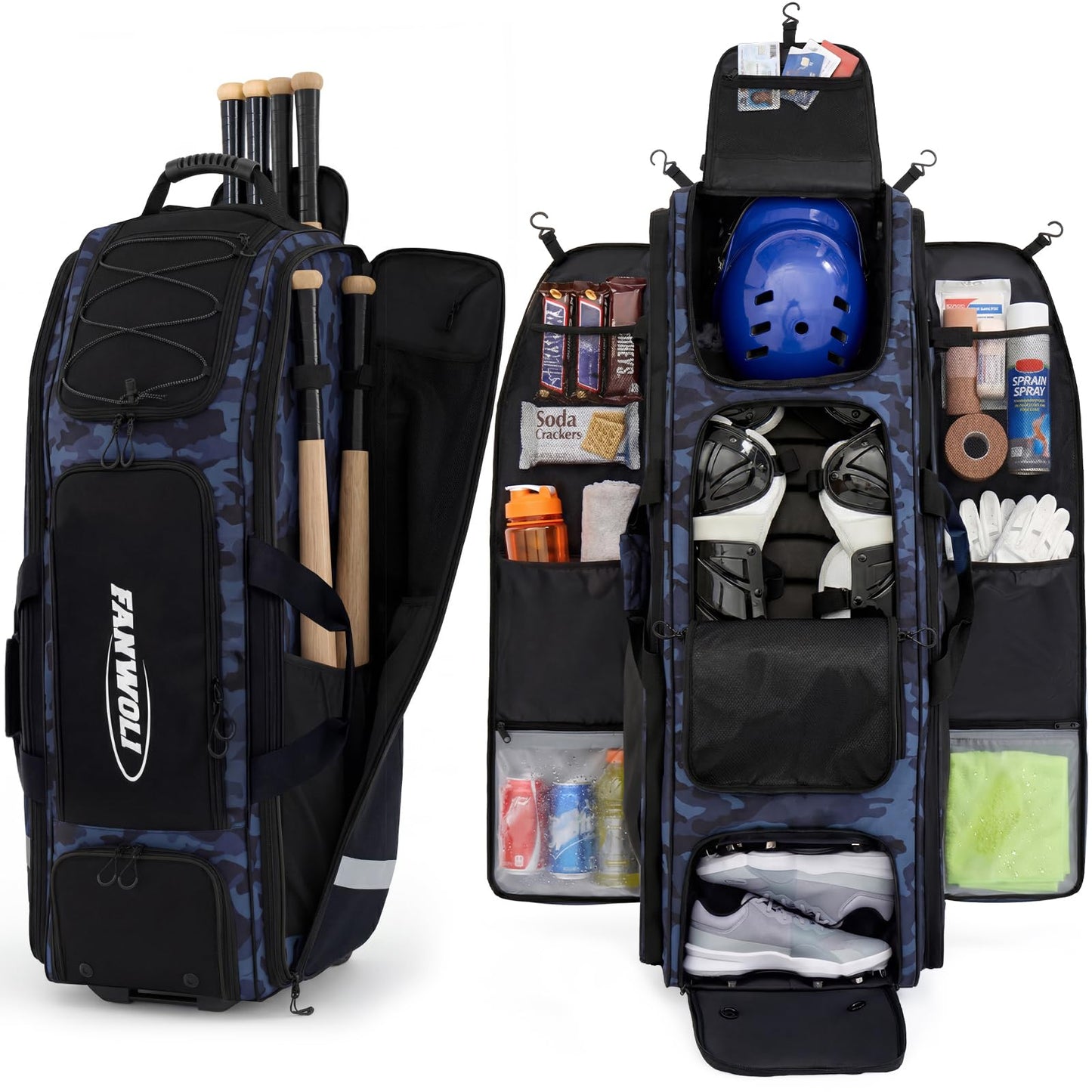 Fanwoli 100L Rolling Baseball Catchers Gear Bag, 5-Hook Dugout Organizer Midnight Stealth Camo-1