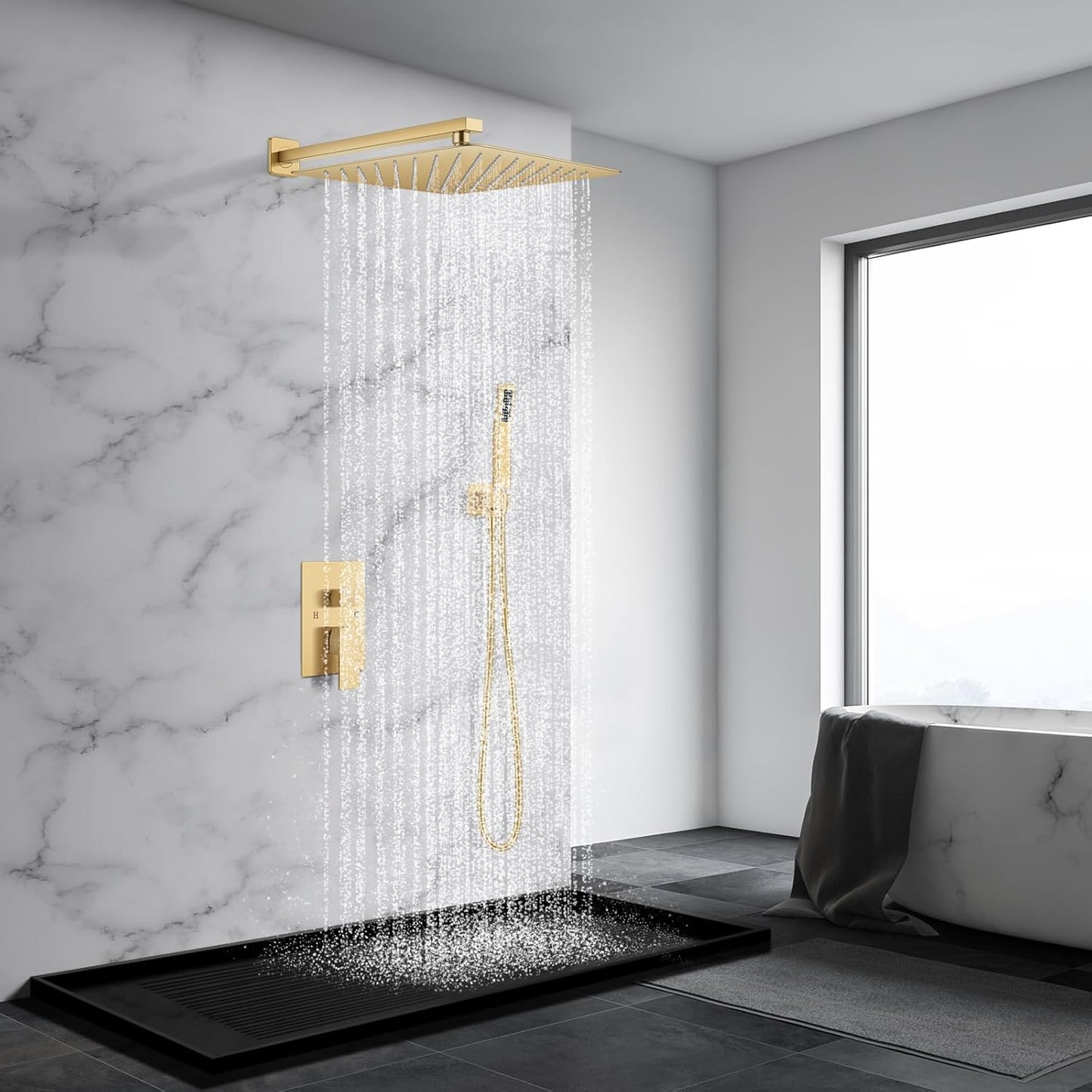 Baetuy Shower Faucet Set, 16 Inch Rainfall Shower System With full metal hand shower and square fixed shower Wall Mounted Shower Fixtures Paint Gold