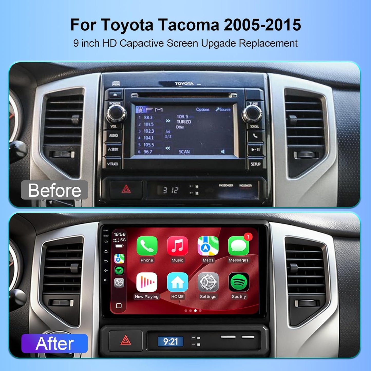 64GB Car Radio Stereo Upgrade for Toyota Tacoma 2005-2015, Plug and Play 9'' Android 13 Head Unit with Wireless Carplay/Android Auto/1080P Backup Camera/AM FM Radio