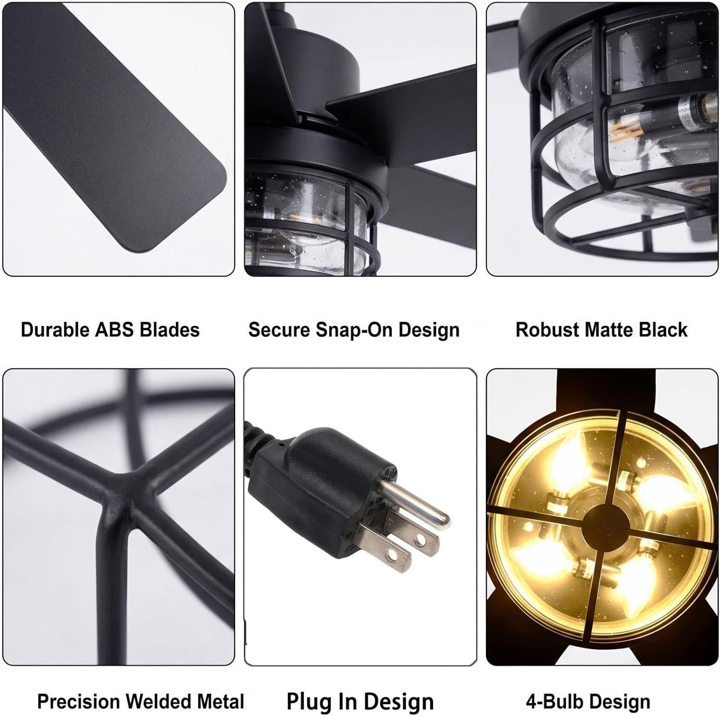 52" Plug-in Ceiling Fan with Light, Matte Black Modern Industrial Caged Glass Fan for Living Room, Bedroom, Farmhouse Decor, 4-Light E12 Base, Remote/App Control, Reversible DC Motor