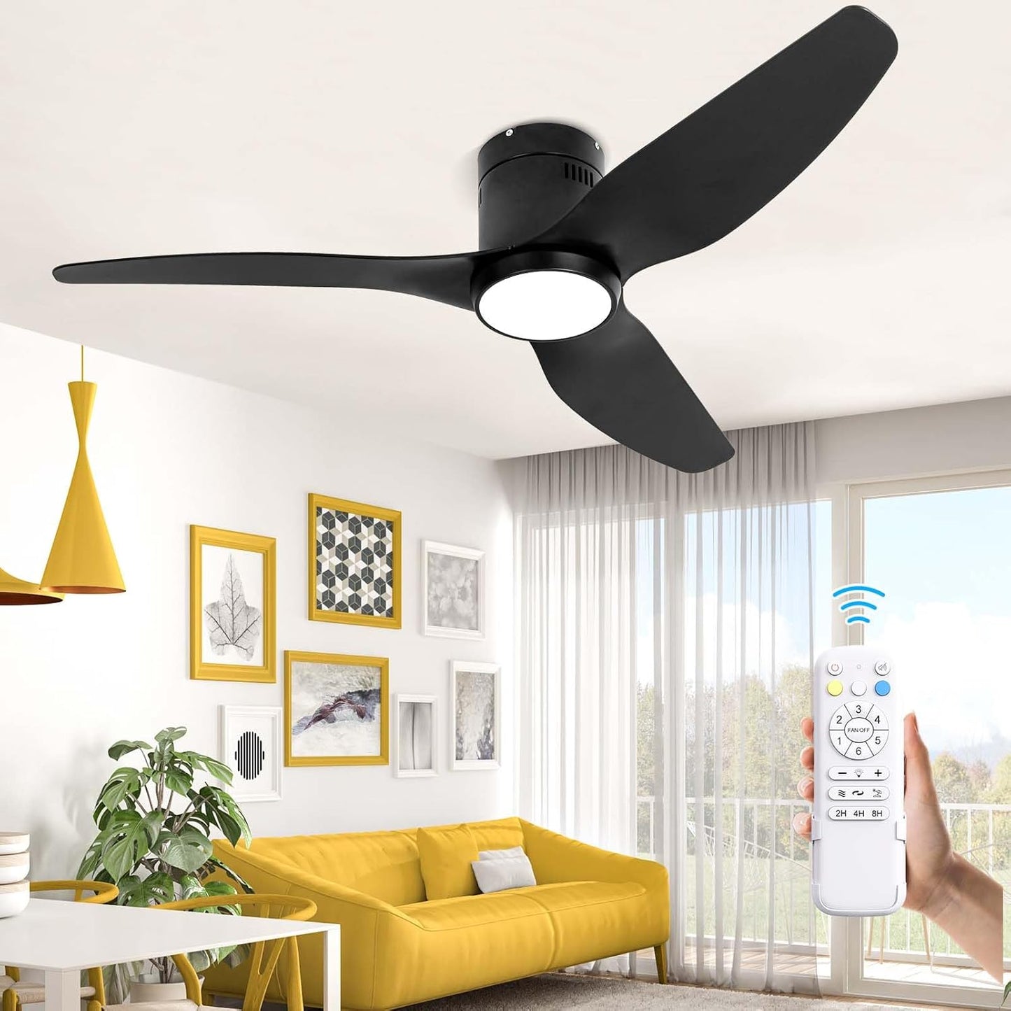 revoici Black Ceiling Fan with Light Remote 52in 6Speed Silent Motor 3CCT Dimmable LED Timer Memory Function Vacation Mode Plastics ABS Blades