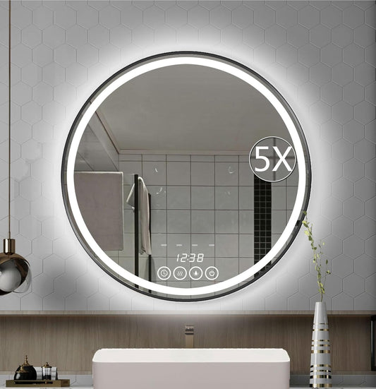 26 Inch Wall-Mounted Round Bathroom Mirror with LED-Lights - Frame Vanity Mirrors (26' x 26', Black)        
(26'L x 26'W)