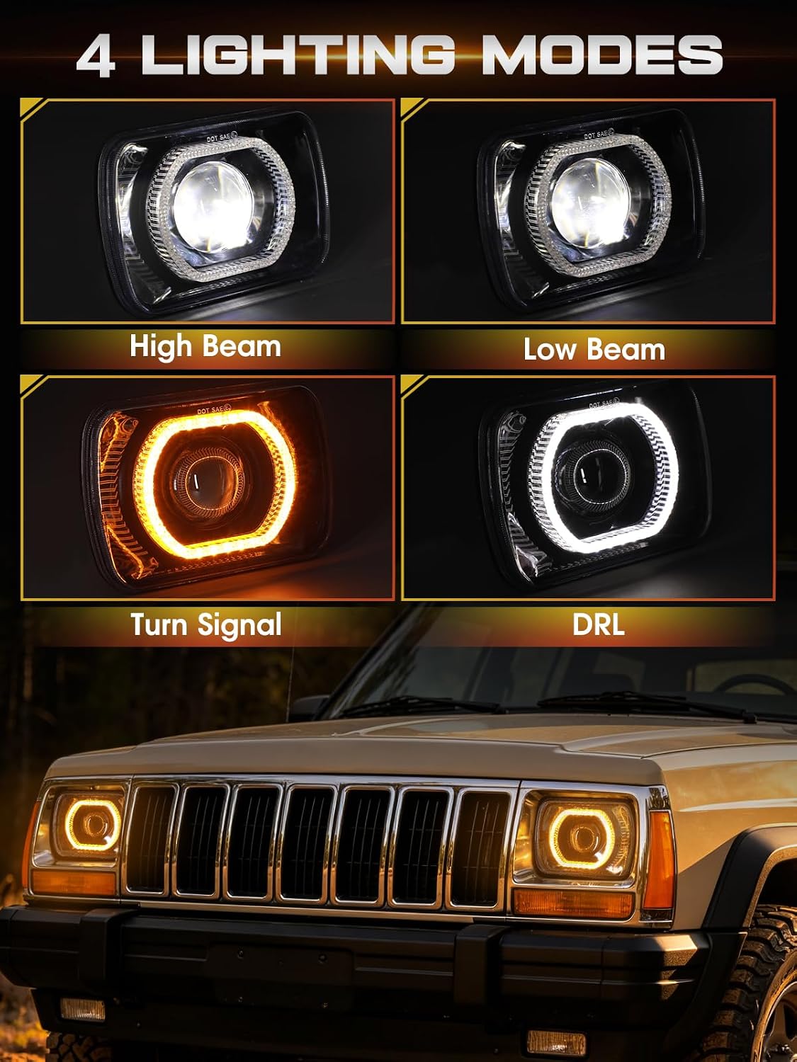 5x7 7x6 Led Headlights H6054 Anti-glare DRL Turn Signal Hi/Low Sealed Beam | "Big Eye" Projector Design w/ 4 Lighting Functions