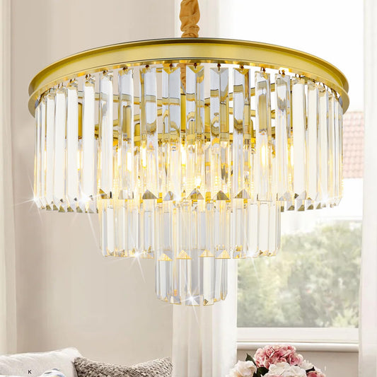 CRYSTOP Gold 3-Tier Round Pendant Light Chandelier Light Fixture for Dining Room, Hallway Semi Flush Mount Ceiling Light Fixture, Modern Living Room